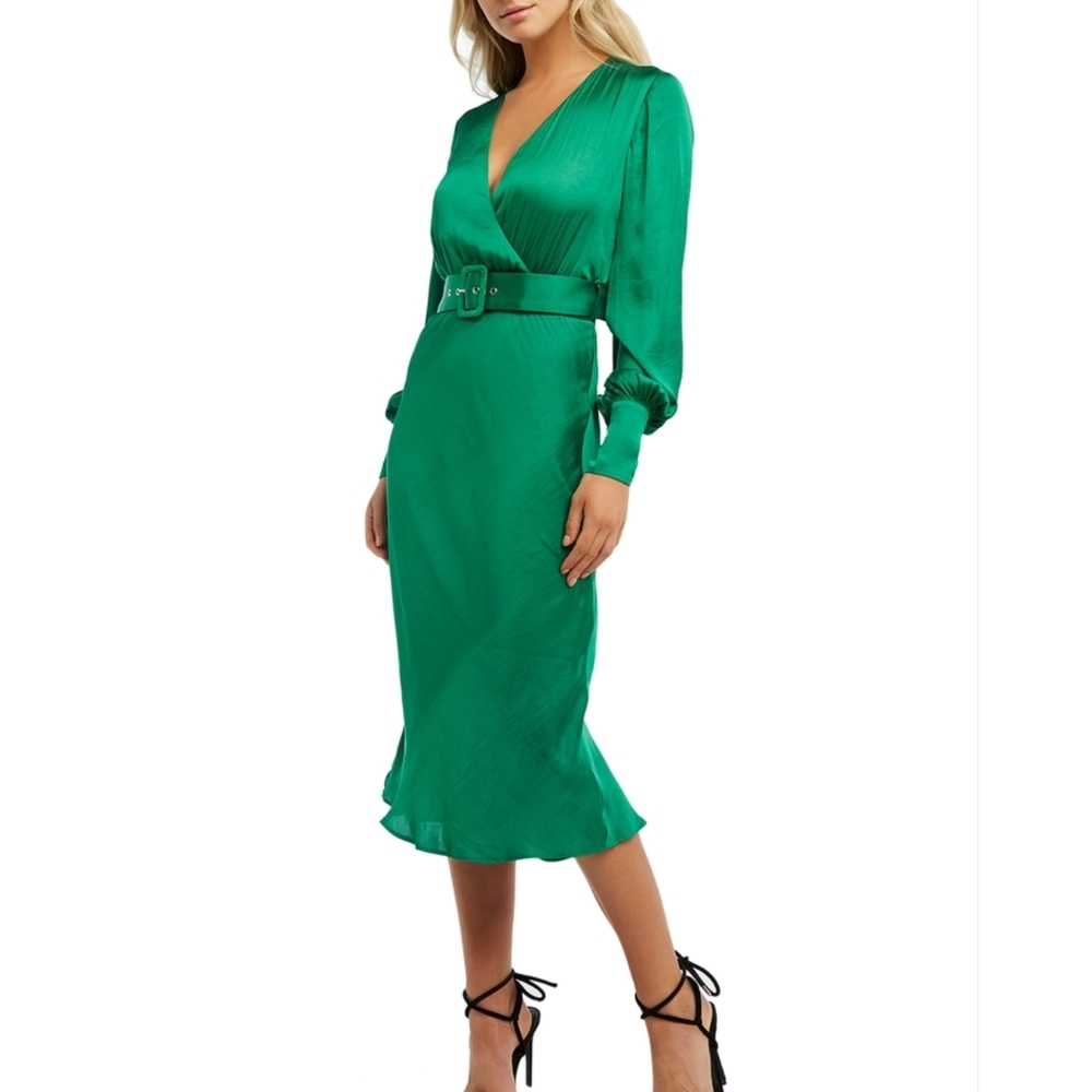 Bardot Emerald Satin Midi Dress Wedding Guest Holiday Glam XS